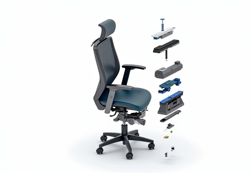 Kokoro Seatingのエルゴノミックチェアの各部品が分解された技術的な図解